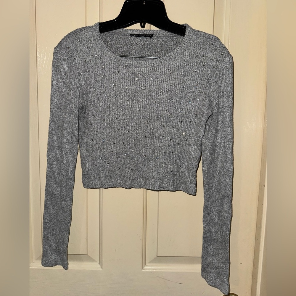ZARA Grey bedazzled crop long sleeve
